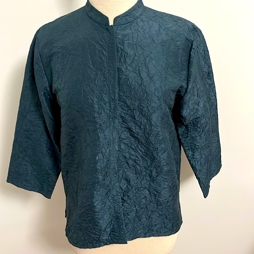 Eileen Fisher Crinkle Silk Mandarin Collar Shirt